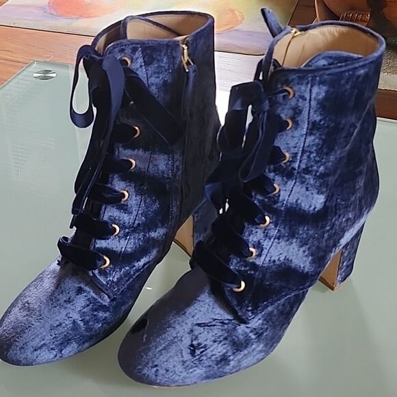 Polly Plume Crushed Blue Velvet and Leather Boots - Picture 2 of 12